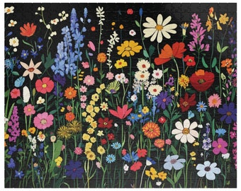 May include: A vibrant floral print featuring a variety of colorful flowers on a black background. The flowers include red, pink, yellow, blue, purple, and white blooms.