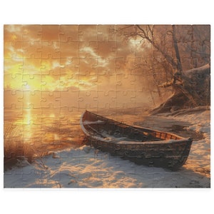 Boat on the Shore Jigsaw, Frozen Lake with a Stunning Sunset Puzzle, 252, 520, 1014 piece, Fantasy Puzzle, Gift for Puzzle Lover.