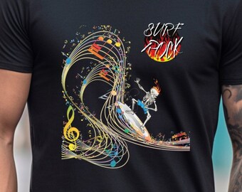 Skeleton Surf T Shirt, Cool Surf T Shirt, Skeleton Surfing on Music Notes Waves, Surfboard Tee, Surfer Shirt Gift, Surfer Mens Women Kids