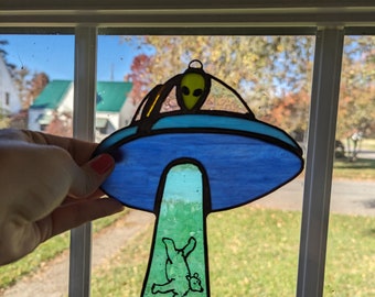 Stained Glass UFO Suncatcher - Custom tractor beam animal