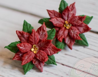 Handmade Christmas Poinsettia Stud Earrings, Holiday Floral Jewelry,