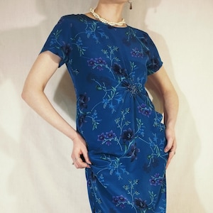 Vintage Laura Ashley 100% Silk Dress – Blue Floral Midi with Beaded Detail, Elegant Straight Cut Party Dress, Garden Party 90s, UK 12/US 8