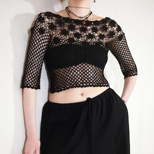 Vintage Y2K Mesh Knit Blouse by Nicowa – Black Sheer See-Through Top with Beading, Lace-Up Neck – Grunge Fairycore Summer Shirt XS/S