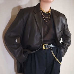 Veste vintage marron chocolat en cuir véritable. Blazer droit classique pour hommes VTG Y2K minimalisme. Manteau oversize unisexe minimal des années 90 80s 00