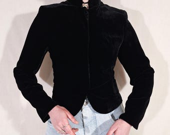 Blazer vintage de terciopelo negro para mujer, chaqueta ajustada, estilo Dark Academia, gótico minimalista de los años 2000, chaqueta de terciopelo Jasper Conran, tallas S y M.