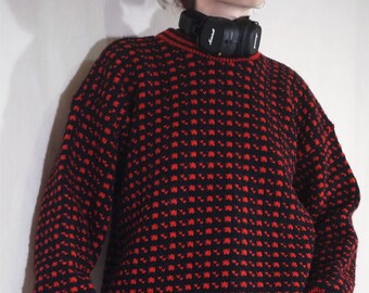 Vintage Wool Norwegian Sweater Devold. 80s 90s Abstract Black and Red Jumper. Warm Retro Pullover. Men’s or Unisex Size M or L.