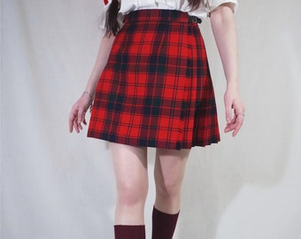 Vintage 90s Wool Tartan Kilt by James Pringle Weavers. Women Skirt Red Plaid. Checked Checkered Pleated Unisex Skirt in Anime Style Size S/M