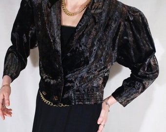 Vintage 80s Elinette Design Velvet Jacket – Black Velvet 1980s Puff Sleeve Cropped Blazer, Double Breasted Bohemian Jacket, Womens Size M/L
