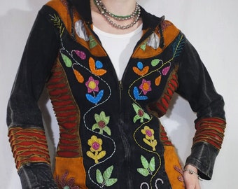 Vintage Y2k Hooded Cotton Boho Hippi Festival Women's Hoodie. 00s Multicoloured Embroidered Boho Hippie Jacket. Rainbow Patchwork Zip Hoodie