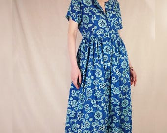 Vestido bohemio midi con estampado floral y botones de algodón azul de los años 90 de Casual Club. Vestido veraniego largo de manga corta con estampado botánico de estilo cottagecore