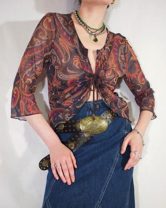 Vintage Lace Boho Top Y2K Style. 00s Mesh Paisley Print Fairy 