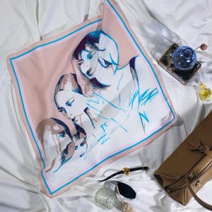 Vintage 80s 90s Silk Neckwear Scarf by Esprit. Women Pure Silk Head Band Square Scarf Neckerchief Pastel Pink & Blue. Bandana Pop Art Print