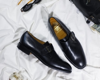 Vintage Leather Monk Strap Shoes Grenson Fashion Luxury Men High Quality Buckle Monkstrap 80s Classic Elegant Black Loafer Mens Size 8 1/2