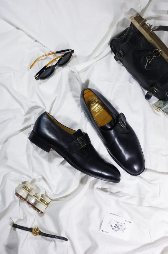Vintage Leather Monk Strap Shoes Grenson Fashion Luxury Men High Quality Buckle Monkstrap 80s Classic Elegant Black Loafer Mens Size 8 1/2