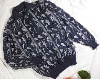 Suéter vintage dos anos 80 com gola St. Michael. Estampa abstrata azul-acinzentada com padrão geométrico. Polo St. Michael masculino ou unissex, tamanho P/P.