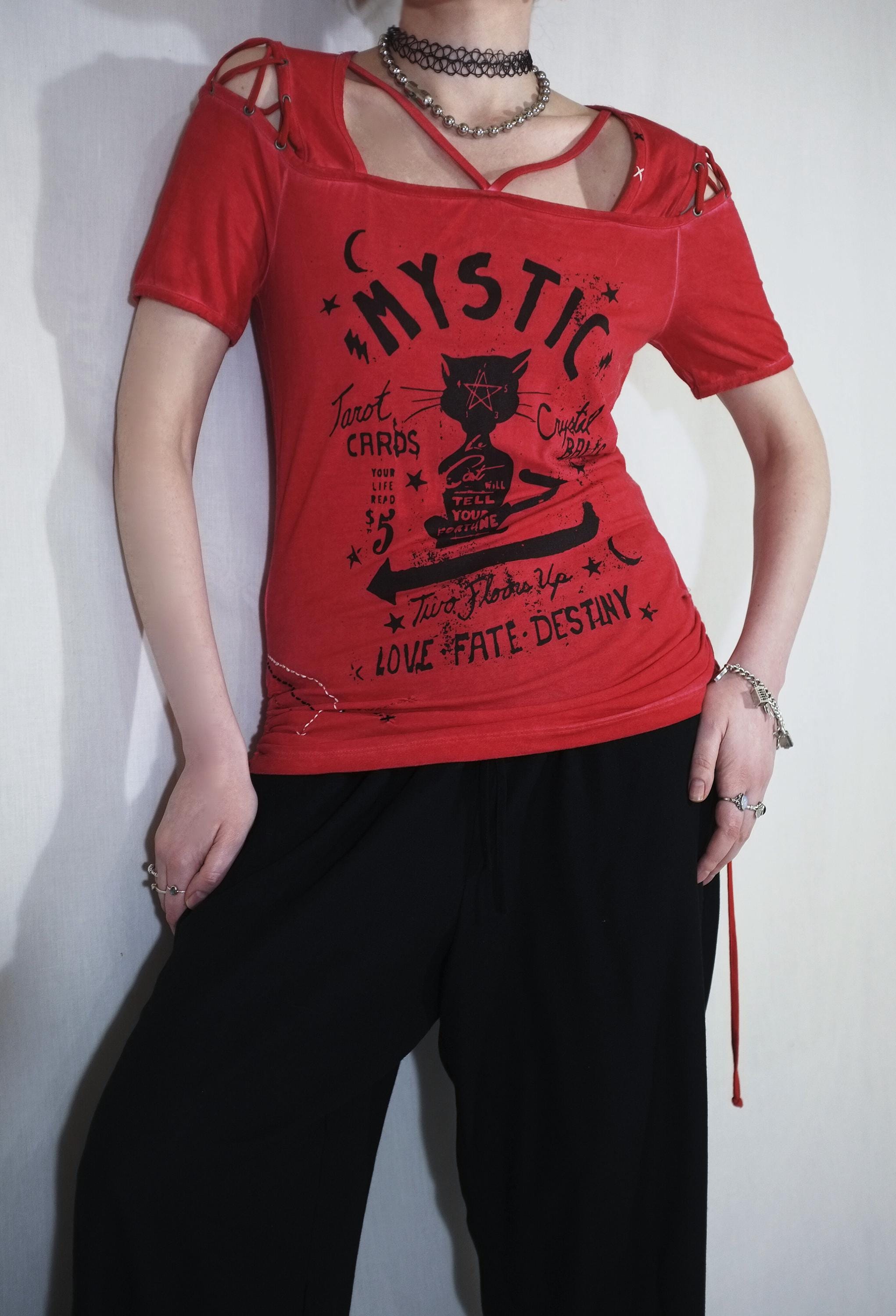 Vintage Y2K Mystic Cat Graphic T-shirt | Red Grunge Tee, S-M-L - Etsy