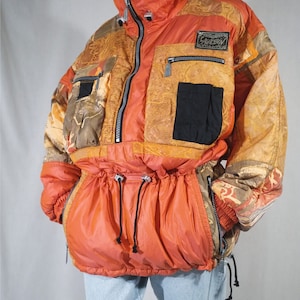 Vintage L’Agression unisex ski jacket • Y2K 90s orange retro snowboard coat • size M/L adjustable • peach & black