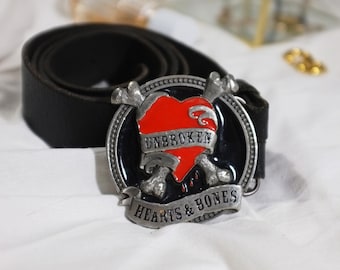 Vintage Y2K Grunge Leather Belt Unbroken Hearts & Bones Tanside Dragon Design. Men Women 00s 90s Rockabilly Red Buckle Rock Emo Gothic Punk
