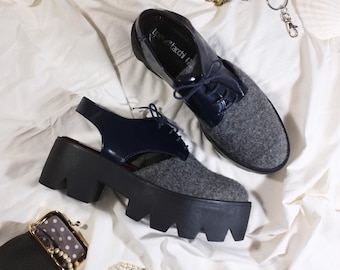 Y2K Felt Super Chunky Platform Women Clog Mules by Tipe e Tacchi. Heel Slip Clog Back Strap Sabo Mary Jane Punk Shoes Massive Sole Size 40