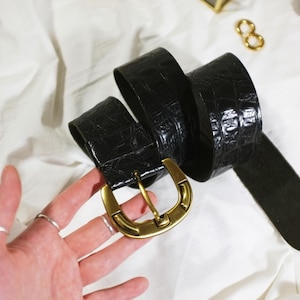 Vintage 90s Women Wide Black Embossed Leather Belt by MEXX. Y2k Unisex Patent Leather Imitation Crocodile Belt with Gold Buckle. Size Large