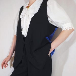 Vintage Black Double Breasted Men Tuxedo Vest by Pamoni Luxury. Gothic Bohemian Unisex Regular Fit Waistcoat Blue Satin Back, Dark Academia