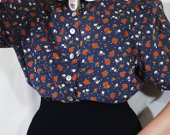 Jaren 80 katoenen bloemenblouse blauwe vintage shirt met pofmouw Peter Pan kraag romantische cottagecore top dames