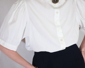 Vintage 80s White Puff Sleeve Blouse With Embroidered Collar