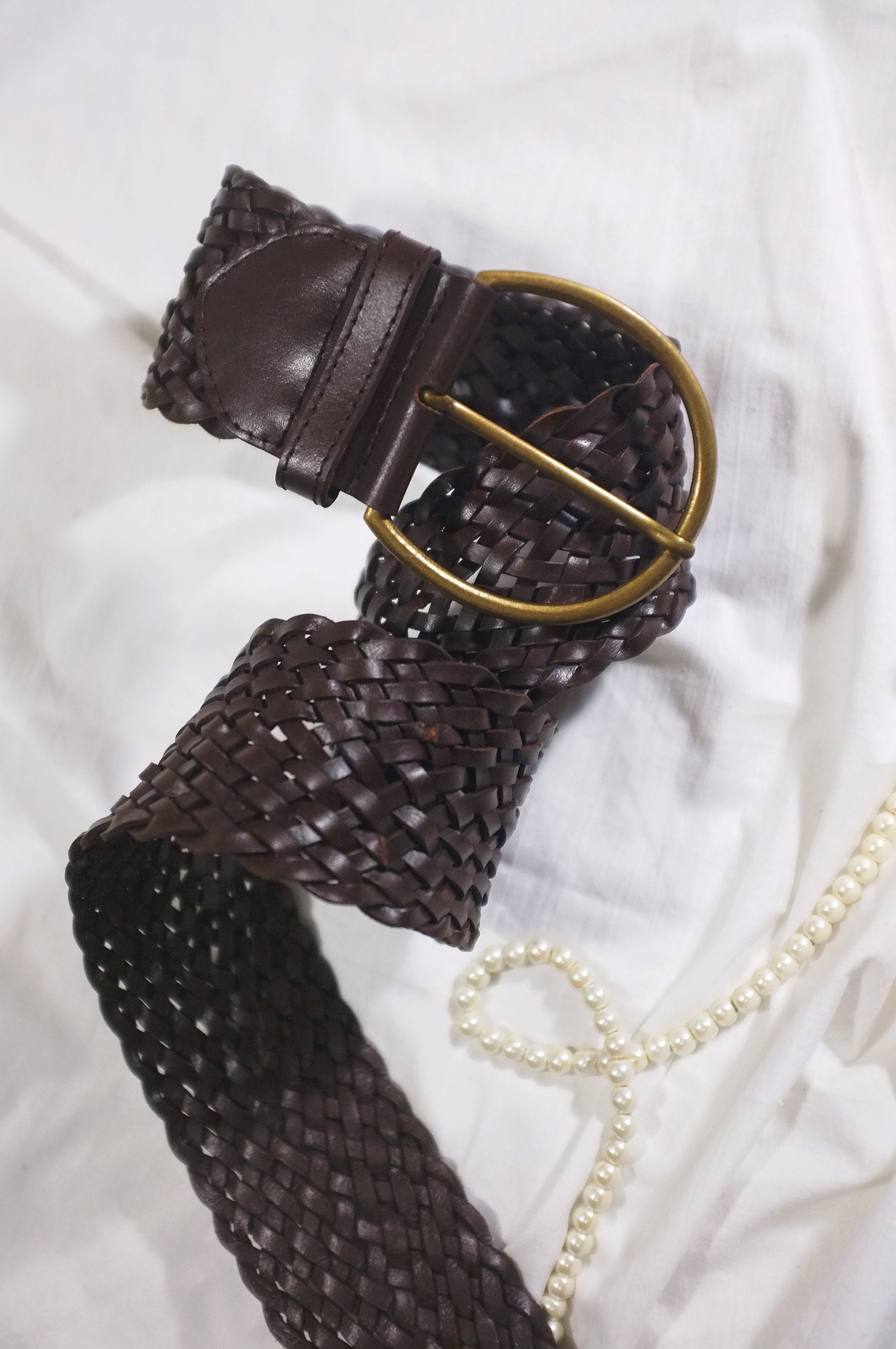 Leather Wide Belt Braided Woven Big Buckle Boho Y2K 2000s Cowgirl Cognac Brown Vintage Y2K Wide Braided Brown Leather Belt, Boho Style - Etsy main image 3