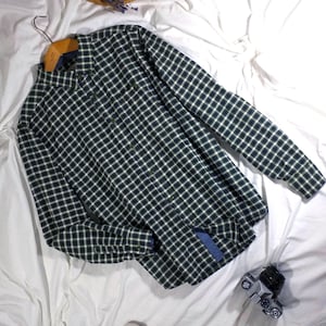 Checkered Cotton Men Western Shirt by Mountain Warehouse. Casual Unisex Cowboy Shirt Green White Check Long Sleeves with Buttons Down Size L