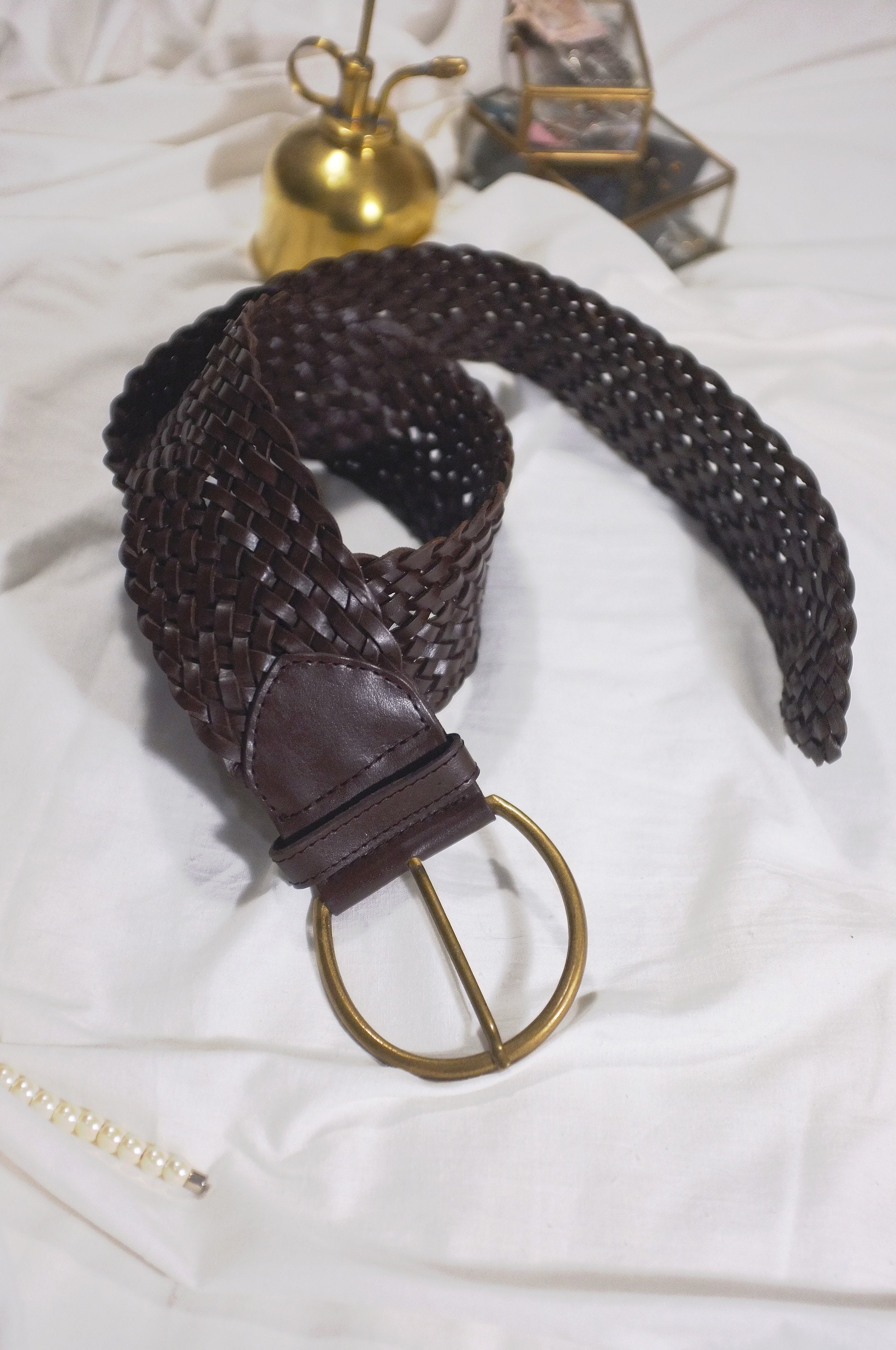 Wide Brown Braided Studded Leather Belt Circle Buckle Vintage Y2K Size L Brown Bohemian Wide Belts for Women for sale | eBay main image 3