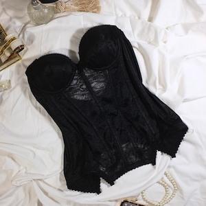 Vintage 80s/90s Lace Lingerie Black Corset by Princesse de Luxe. Lingerie Corset Lace Cups, Dramatic Gothic Satin Bustier Boned, Size 34A
