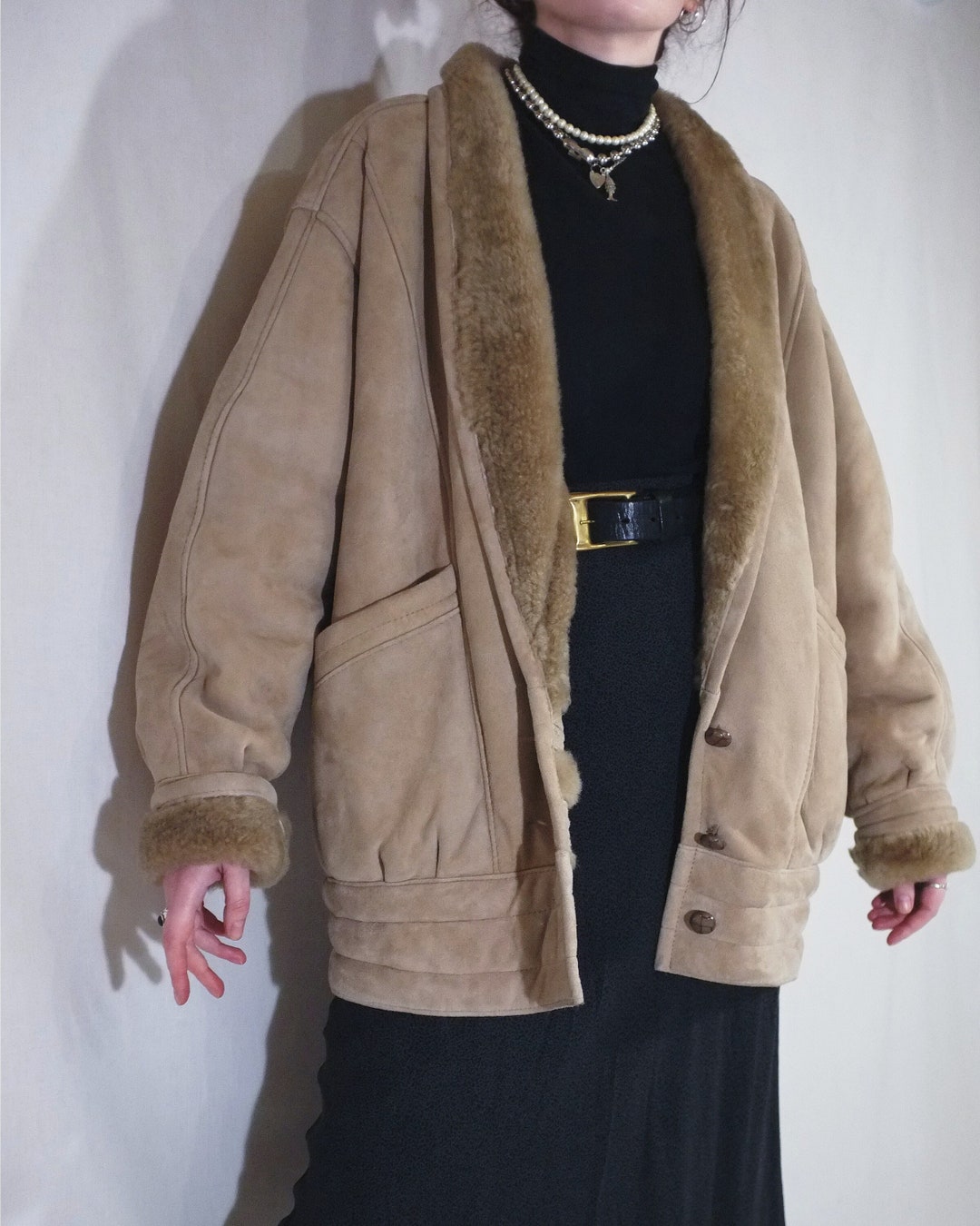 Vintage 80s Beige Sheepskin Shearling Coat 14 16