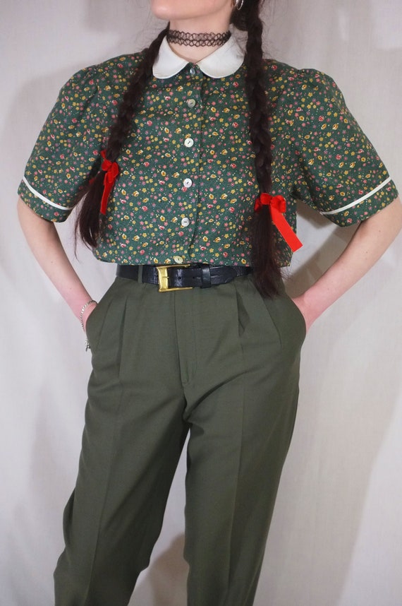 Vintage 80s Green Floral Cottagecore Blouse with S