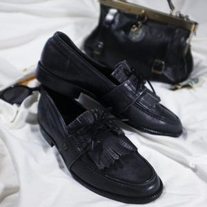 Vintage 80s Leather Penny Loafers Mens by Obermain Regent. 90s Casual Topsiders Unisex. Orthopedic Graphite Black Classic Shoes Size 6 1/2