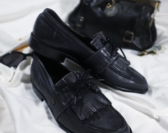 Vintage 80s Leather Penny Loafers Mens by Obermain Regent. 90s Casual Topsiders Unisex. Orthopedic Graphite Black Classic Shoes Size 6 1/2