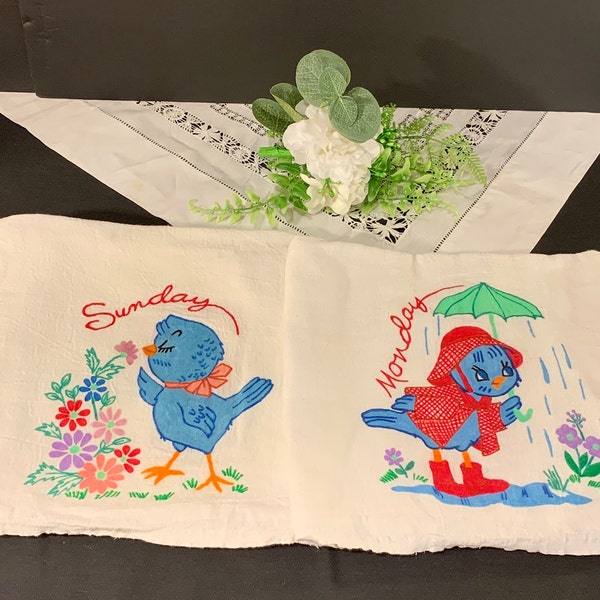 Vintage Days of the Week Towels - Anthropomorphic Bluebirds (Never Used)