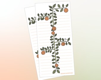 Puede incluir: Dos hojas de papel con líneas imprimibles con un borde decorativo de una vid verde con frutos naranjas. El texto en la parte inferior de la hoja dice "www.simplyillustrated.com.au".