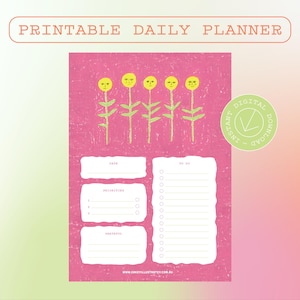 Könnte beinhalten: Druckbarer Tagesplaner mit rosa Hintergrund und skurrilen Blumenillustrationen. Der Planer enthält Abschnitte für Datum, Prioritäten, To-Do-Liste und Dankesnotizen. Der Text "Printable Daily Planner" steht oben.