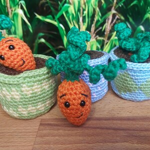 Puede incluir: Tres plantas de zanahoria de ganchillo en macetas. Las zanahorias tienen copas verdes y cuerpos naranjas con ojos negros y bocas sonrientes. Las macetas son verdes, azules y moradas.