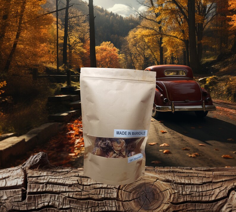 K&ouml;nnte beinhalten: Ein brauner Papierbeutel mit einem durchsichtigen Fenster, in dem getrocknete Pilze zu sehen sind. Auf dem Beutel steht der Text "MADE IN MARKDALE". Der Beutel liegt auf einem Holzstamm vor einem malerischen Herbstwald.