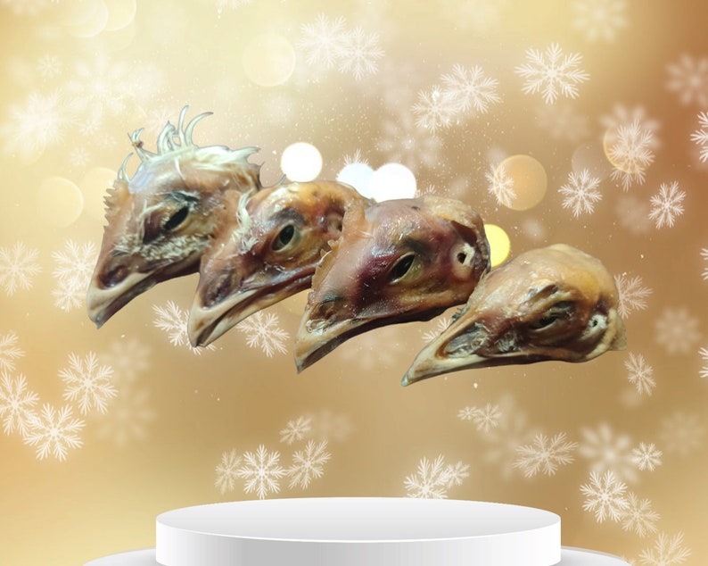 K&ouml;nnte beinhalten: Vier getrocknete H&uuml;hnerk&ouml;pfe auf einem wei&szlig;en Sockel vor einem goldenen Hintergrund mit wei&szlig;en Schneeflocken.