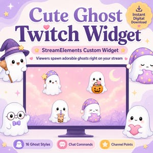 May include: A digital graphic featuring the text Cute Ghost Twitch Widget and StreamElements Custom Widget. It displays various white ghost characters, including one with a witch hat, one with glasses, and others holding items like a star wand, a pumpkin bucket, a boba tea, and a pillow, set against a purple and pink background.
