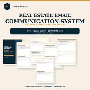 Puede incluir: Un sistema de comunicación por correo electrónico inmobiliario con 100 correos, 20 textos y 12 encabezados de Canva. El gráfico muestra el texto Real Estate Email Communication System, Buyer, Seller, Listing, Contract-to-Close y 100 Real Estate Email Templates.