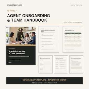 Könnte beinhalten: Eine 48-seitige digitale Vorlage für ein Agenten-Onboarding- und Team-Handbuch. Das Dokument enthält eine Titelseite mit einer professionellen Meeting-Szene sowie mehrere interne Seiten mit Checklisten, Tabellen und Textfeldern für den geschäftlichen Gebrauch.