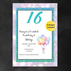 16th Birthday Party Invitation TEMPLATE. Instant download, customisable, printable OR digital invite.