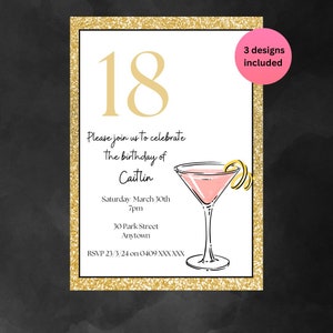 Invitation 18th Birthday Party Cocktail Theme Gold Invitation for 18th birthday