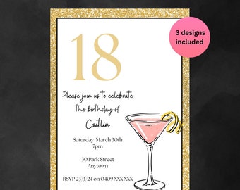 Einladung 18. Geburtstag Party Cocktail Thema Gold Einladung zum 18.Geburtstag