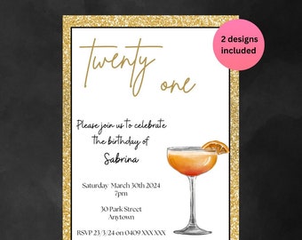 Invitación para fiesta de cumpleaños número 21, diseño dorado brillante, tema champán, invitación número 21