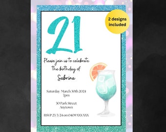 Invitación digital para fiesta de cumpleaños número 21, invitación para cumpleaños número 21 con tema de cóctel
