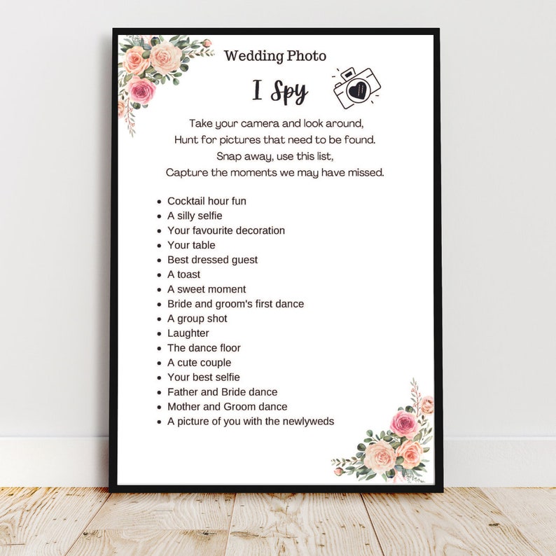 Customisable Printable Wedding I Spy Photo List And Qr hashtag customisable-printable-wedding-i-spy-photo-list-and-qr-hashtag